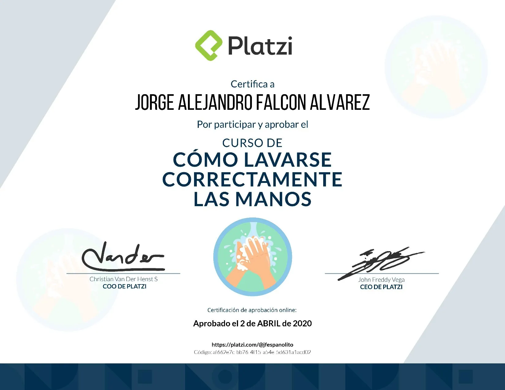 Diploma Lavarse las Manos Correctamente
